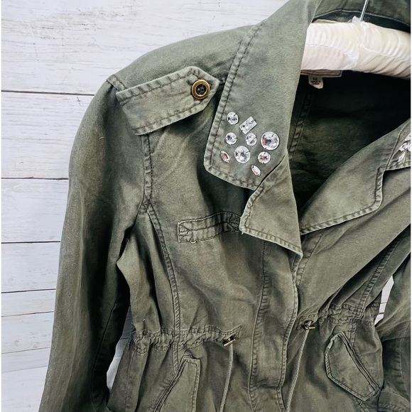 Y2K Dolled Up Jacket Juniors M Olive Green Utility Zip Up Distressed Draw String - Picture 7 of 15